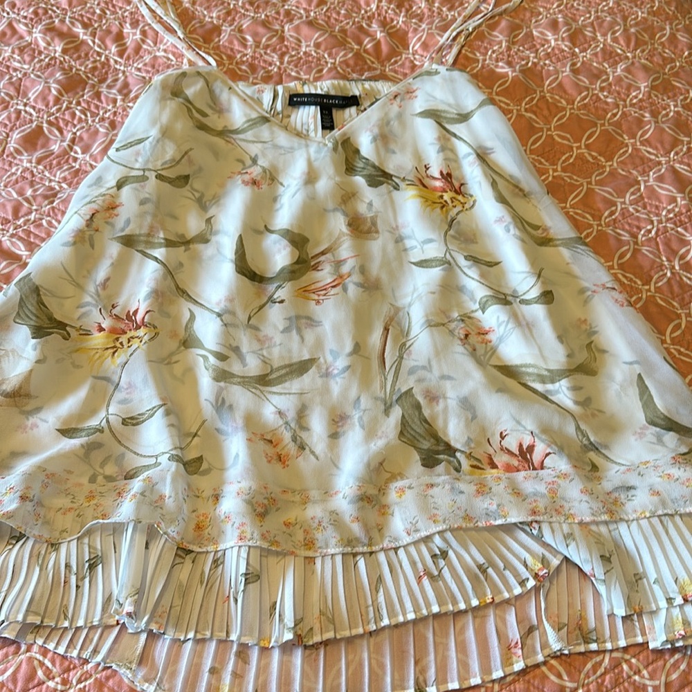 White House Black Market Asymmetrical Pleated Camisole in White and Pink